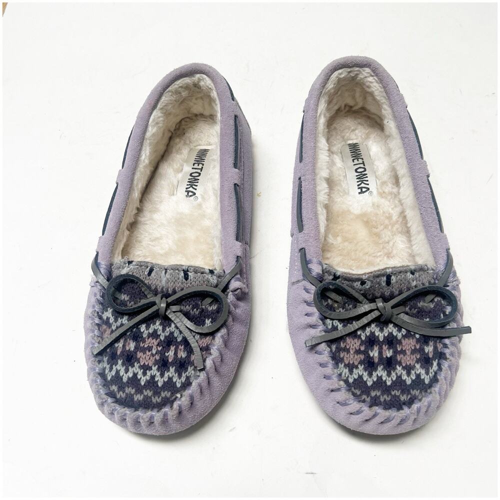 Minnetonka Women’s Cali Suede Moccasins Lilac Aztec Fair Isle Print 7M Faux Fur